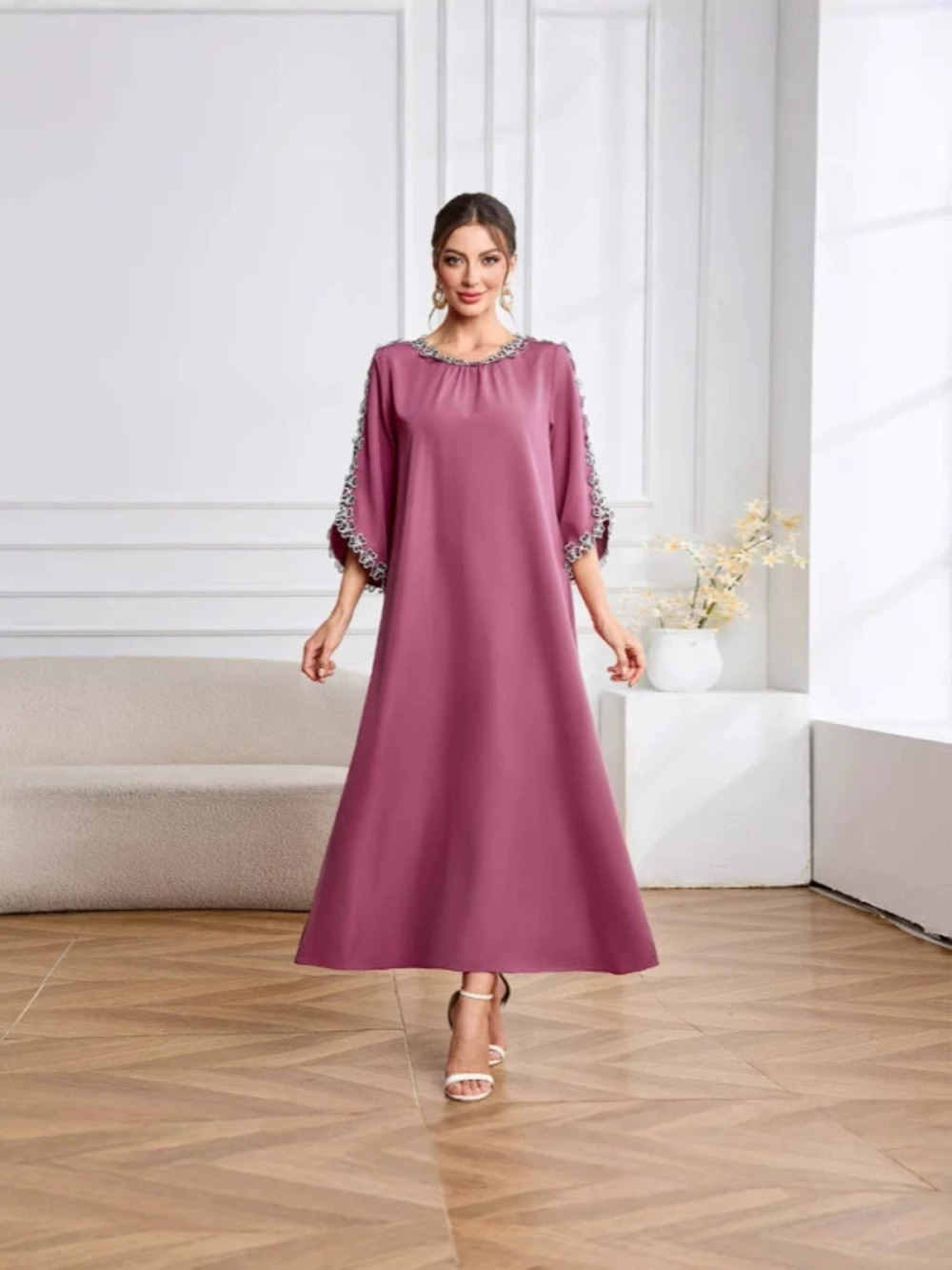 Hot Selling Elegant Lace Round Neck Maxi Dress Robe Real Shot